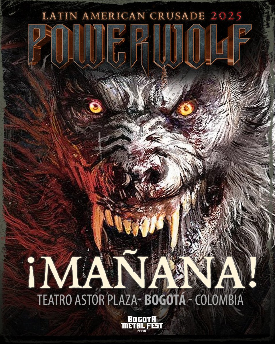 La espera ha terminado, la legión está lista para recibir mañana a @officialpowerwolf en un concierto mítico para Bogotá. Atentos a nuestras redes, estaremos publicando los horarios para el ritual que se aproxima en el @teatroastorplaza 🐺🤯