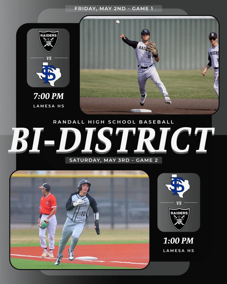 CanyonISDAthletics (@canyonathdept) on Twitter photo Baseball playoffs start today for <a href="/RandallBaseball/">Randall Baseball</a>. The Raiders will take on Fort Stockton. Game one is scheduled for 7:00 tonight and game two of the series is scheduled for 1:00 tomorrow with game 3 to follow if necessary. All games will be played at Lamesa High School. Baseball playoffs start today for <a href="/RandallBaseball/">Randall Baseball</a>. The Raiders will take on Fort Stockton. Game one is scheduled for 7:00 tonight and game two of the series is scheduled for 1:00 tomorrow with game 3 to follow if necessary. All games will be played at Lamesa High School.