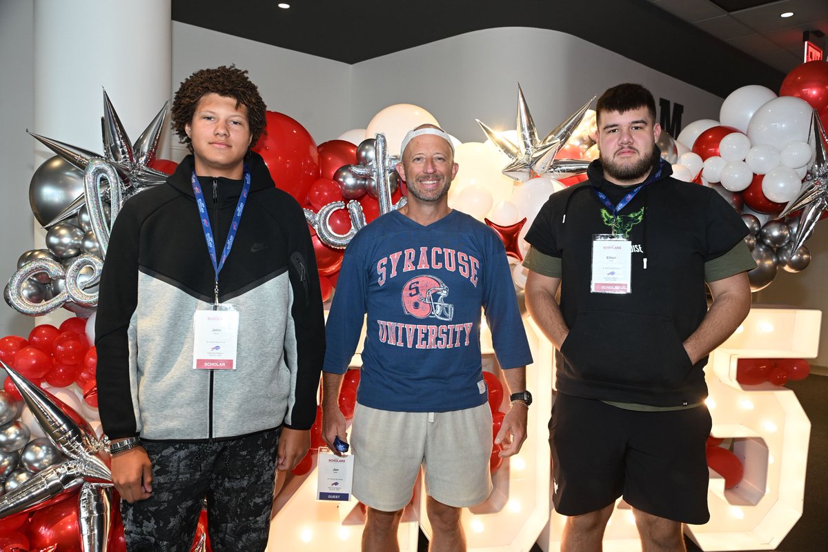 Stfrancishigh's tweet image. Ethan Farley ’25 & John Wilson ’28 along with social studies teacher, Mr. Kiefer, had the opportunity to attend the O'Shei Scholar Luncheon held last Friday at Highmark Stadium. The event featured a keynote address from Buffalo Bills second-year defensive lineman DeWayne Carter