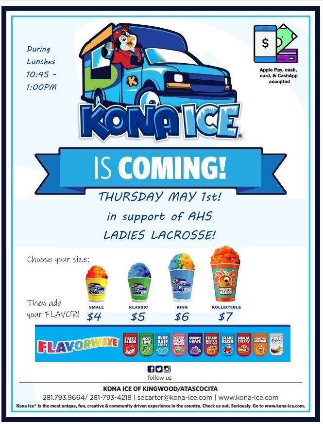 Atascocita Ladies Lacrosse (@atascoladieslax) on Twitter photo Join us Thursday 5/1 for Kona Ice during all lunches! Please help support our team! <a href="/HumbleISD/">Humble ISD</a> <a href="/HumbleISD_AHS/">The Atascocita HS</a> <a href="/AtascoLax/">Atascocita Lacrosse</a> Join us Thursday 5/1 for Kona Ice during all lunches! Please help support our team! <a href="/HumbleISD/">Humble ISD</a> <a href="/HumbleISD_AHS/">The Atascocita HS</a> <a href="/AtascoLax/">Atascocita Lacrosse</a>