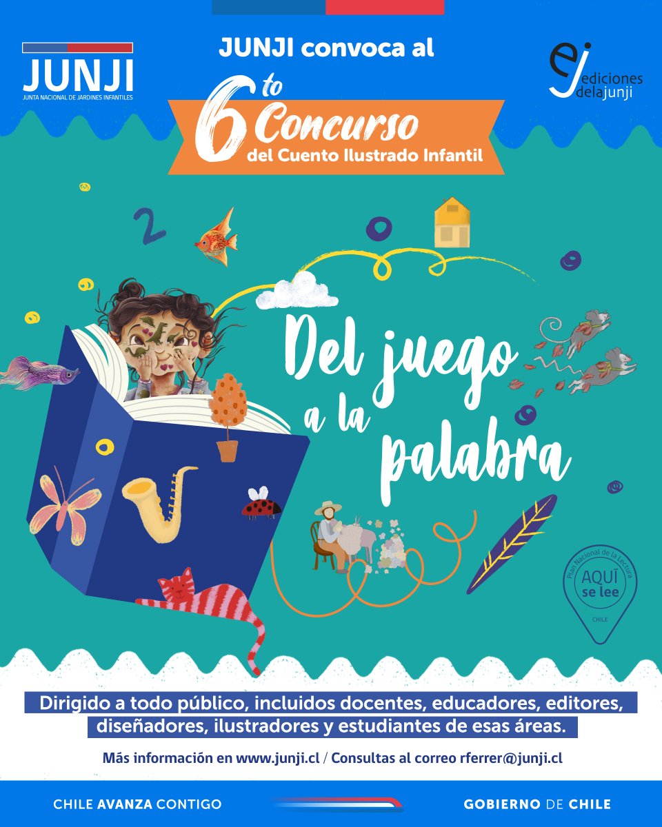 📣 ¡Convocatoria abierta! Hasta el 31 de agosto JUNJI te invita a participar de la sexta versión del Concurso del Cuento Ilustrado Infantil "Del Juego a la Palabra". Revisa las bases de postulación y todos los detalles en el siguiente link: junji.cl/vi-concurso-de… 📚