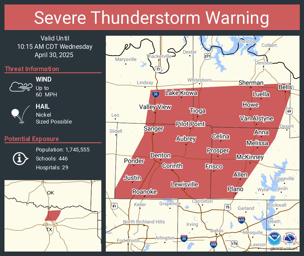 Severe Thunderstorm Warning including Plano TX, McKinney TX and  Frisco TX until 10:15 AM CDT