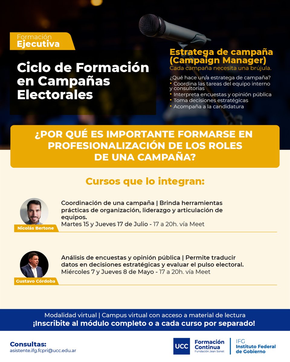 ¡Estás a tiempo de cursar el  𝗖𝗶𝗰𝗹𝗼 𝗱𝗲 𝗳𝗼𝗿𝗺𝗮𝗰𝗶ó𝗻 𝗲𝗷𝗲𝗰𝘂𝘁𝗶𝘃𝗮 𝗲𝗻 𝗰𝗮𝗺𝗽𝗮ñ𝗮𝘀 𝗲𝗹𝗲𝗰𝘁𝗼𝗿𝗮𝗹𝗲𝘀!
Este programa hace foco en la profesionalización de los roles en una campaña electoral. Conoce más 👇
bit.ly/41w4ljm