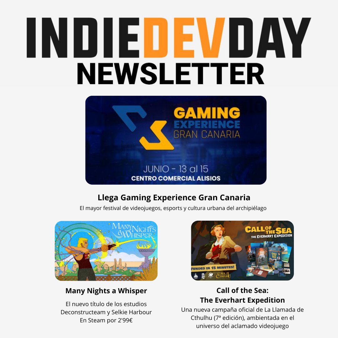 IndieDevDay (@indiedevday) on Twitter photo 📰 Newsletter 59 📰
1️⃣ <a href="/GamingExpGC/">Gaming eXperience Gran Canaria</a> 🎮
2️⃣ Many Nights a Whisper 🏹 <a href="/Deconstructeam/">Deconstructeam</a> <a href="/SelkieHarbour/">Selkie Harbour</a>
3️⃣ Call of the Sea: The Everhart Expedition 🧭 <a href="/OutBlueGames/">American Arcadia 📺🎮 OUT NOW!</a>
Suscríbete en 🔗 eepurl.com/dJJ8u2 📰 Newsletter 59 📰
1️⃣ <a href="/GamingExpGC/">Gaming eXperience Gran Canaria</a> 🎮
2️⃣ Many Nights a Whisper 🏹 <a href="/Deconstructeam/">Deconstructeam</a> <a href="/SelkieHarbour/">Selkie Harbour</a>
3️⃣ Call of the Sea: The Everhart Expedition 🧭 <a href="/OutBlueGames/">American Arcadia 📺🎮 OUT NOW!</a>
Suscríbete en 🔗 eepurl.com/dJJ8u2