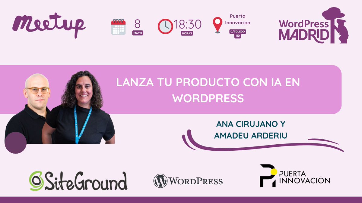 MadridWordPress (@madridwordpress) on Twitter photo ¡Lanza tu producto con #IA en WordPress!
Reserva tu plaza en nuestra próxima meetup.
El 8 de Mayo a las 18.30h
De la mano de <a href="/acirujano/">Ana Cirujano 🏳️🌈</a> y <a href="/AmadeuArderiu/">Amadeu Arderiu - AI for WordPress</a>
Patrocina <a href="/SiteGround_ES/">SiteGround España</a>
Pizza y #networking posterior
meetup.com/wordpress-madr… ¡Lanza tu producto con #IA en WordPress!
Reserva tu plaza en nuestra próxima meetup.
El 8 de Mayo a las 18.30h
De la mano de <a href="/acirujano/">Ana Cirujano 🏳️🌈</a> y <a href="/AmadeuArderiu/">Amadeu Arderiu - AI for WordPress</a>
Patrocina <a href="/SiteGround_ES/">SiteGround España</a>
Pizza y #networking posterior
meetup.com/wordpress-madr…