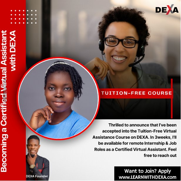 Blessin18099440's tweet photo. Thrilled that I got into the Tuition-Free VA Course on DEXA. 
In 3weeks, I’ll be available for remote Job Roles as a Certified VA. Feel free to reach out. 
Want to join the next cohort, go to: https://t.co/MUyUtFtpGJ
@leanlailacaba  @erinboothVA

@LearnwithDEXA #LearnwithDEXA https://t.co/FnjUiAaNmw