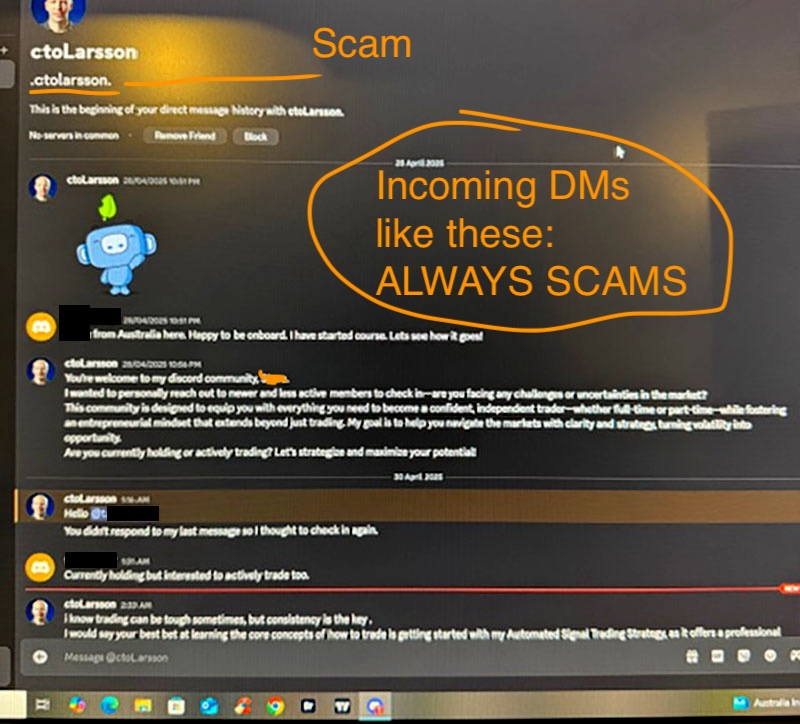 Beware of impersonators!

People impersonating me and other public people, can DM you on Discord, X, Instagram, Facebook and every other platform.

They can message you the second you join our discord server, or the second you post anything on X. Using Google Ads they can start
