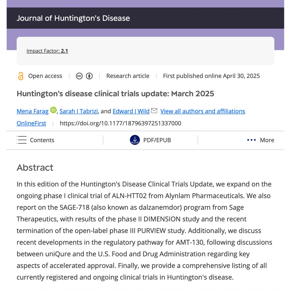 Mena Farag (@drmfarag) on Twitter photo Check out the March 2025 edition of the #HD Clinical Trials Update, now available online in <a href="/journal_hd/">Journal of Huntington's Disease</a> 🔗 journals.sagepub.com/doi/10.1177/18… <a href="/UCLHD/">UCL Huntington’s Disease Centre</a> <a href="/UCLBrainScience/">UCL Brain Sciences</a> <a href="/UCLIoN/">UCL Queen Square Institute of Neurology</a> Check out the March 2025 edition of the #HD Clinical Trials Update, now available online in <a href="/journal_hd/">Journal of Huntington's Disease</a> 🔗 journals.sagepub.com/doi/10.1177/18… <a href="/UCLHD/">UCL Huntington’s Disease Centre</a> <a href="/UCLBrainScience/">UCL Brain Sciences</a> <a href="/UCLIoN/">UCL Queen Square Institute of Neurology</a>