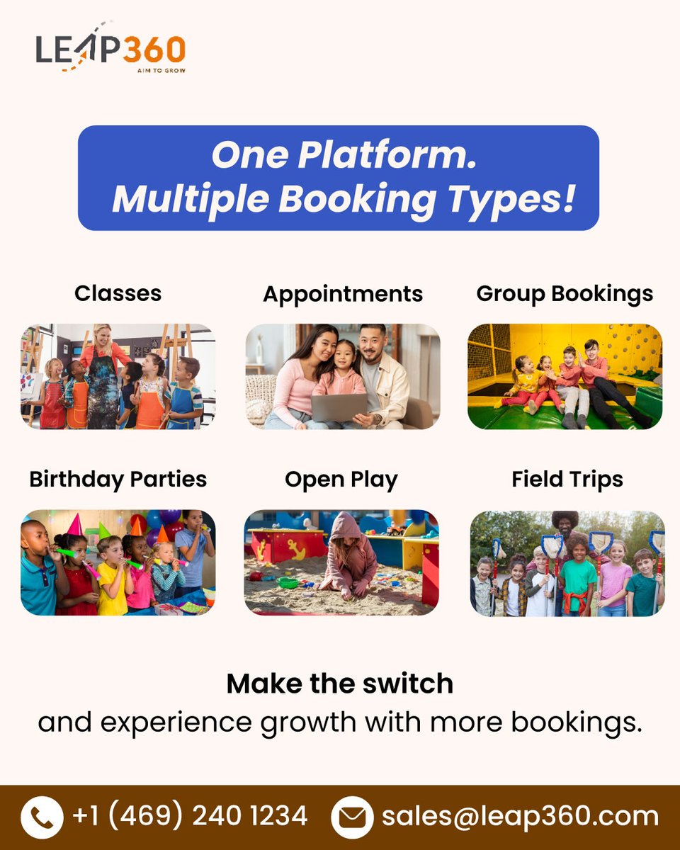 Leap360CRM's tweet image. One Platform. Endless Possibilities. Make the switch to LEAP360 today, let your play center run smoother than ever!

Book demo - leap360.com/demo

#bookingplatform #groupbookings #eventautomation #kidsplayarea #classbookingsoftware #onlinescheduling #growth #LEAP360