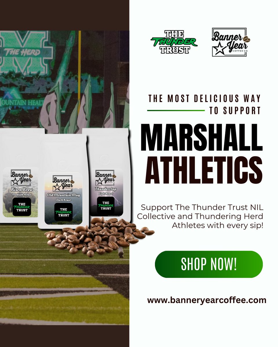 Support The Thunder Trust and Marshall Athletes with every @banneryearcoffee purchase! Shop now at vist.ly/3n36epm  ☕💚🦬