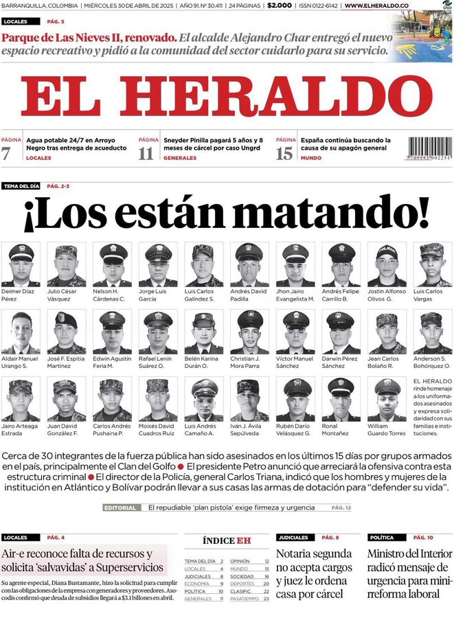Tremenda portada de <a href="/elheraldoco/">EL HERALDO</a>, cierta y dolorosa: qué viaje hacia el pasado. Solidaridad y consuelo con las familias de estos policías, de estos militares asesinados de forma infame en su plena juventud. Paz en sus tumbas.