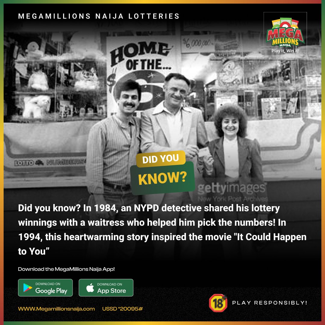 "Did you know? In 1984, an NYPD detective shared his lottery winnings with a waitress who helped him pick the numbers! In 1994, this heartwarming story inspired the movie "It Could Happen to You."

Guess who played the lead character in the movie😊

#megamillionsnaijalotteries