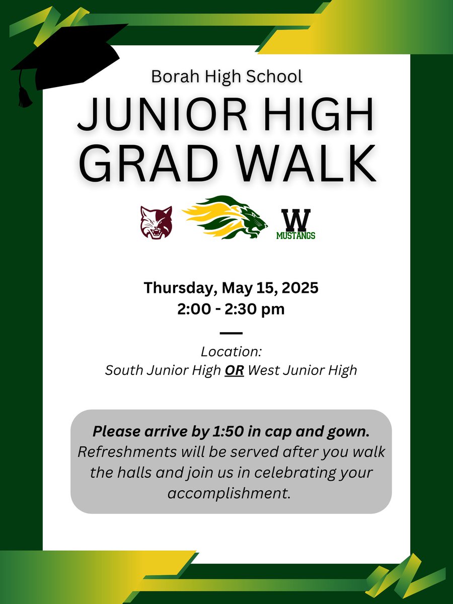 SENIORS, South and West will have their second annual Junior High Grad Walk on Thursday, May 15th! 
Go back to your Junior High and walk the halls one last time before graduation!