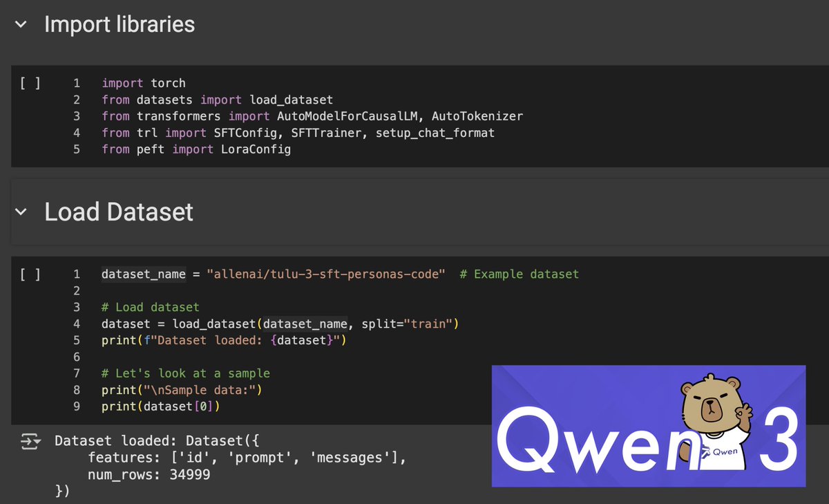 Qwen3 Finetuning Notebook. I’m tuning <a href="/Alibaba_Qwen/">Qwen</a> 3 for a fast local coding, and here’s a notebook for the process.

🧵More in the thread. More to come