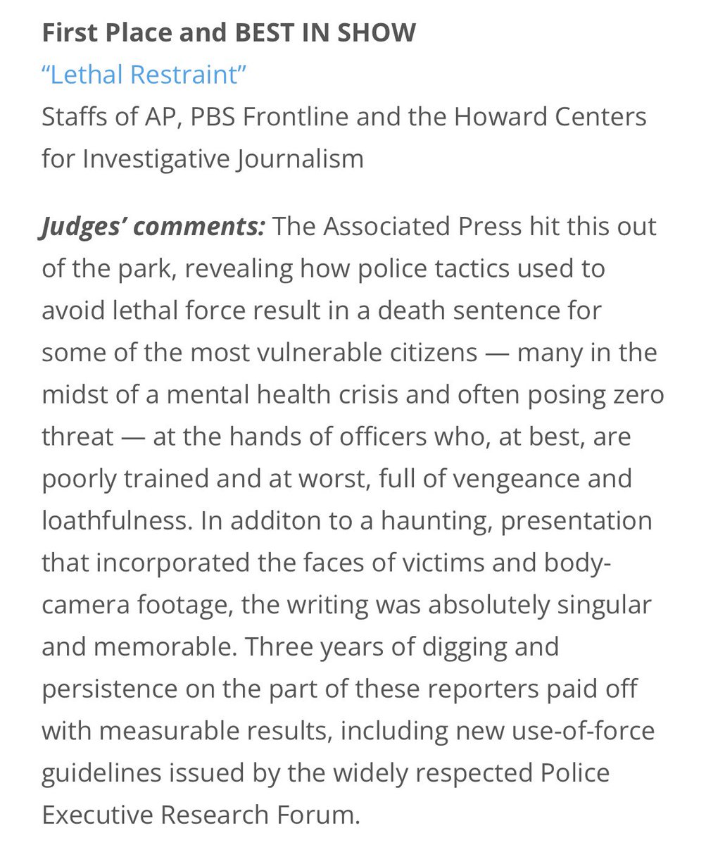 ReeseDunklin's tweet image. Excited to report that my team’s police use-of-force investigation, Lethal Restraint, won Best in Show for digital journalism in the National Headliners Awards. Really appreciated the judges comments. headlinerawards.org/2025-overview/