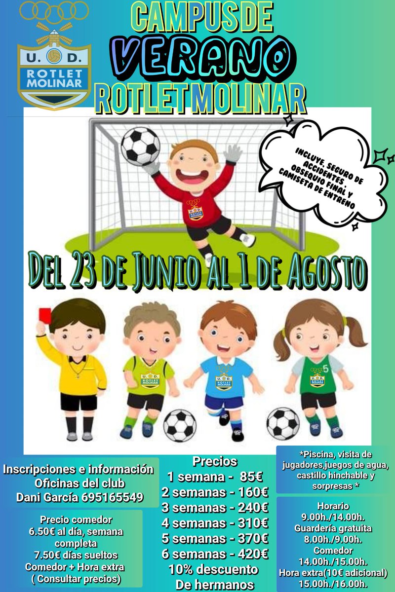 🖤🤍 Después de la gran acogida de los dos anteriores, volvemos con el ¡campus de Verano! del 23 de Junio, hasta 1 de Agosto ( 6 semanas)
⚽ Con dos modalidades, fútbol o multideporte. Tendremos novedades como piscina 🔫, castillo hinchable🏰, visitas de jugadores.... (1/2)