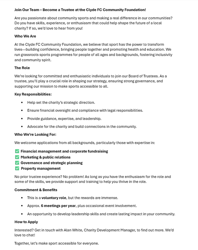 Become a Trustee at the Clyde FC Community Foundation!

Are you passionate about community sports and making a real difference in our communities? Do you want to help shape the future of a local sports charity? If so, we’d love to hear from you!

sportscotland.org.uk/jobs/vacancies…