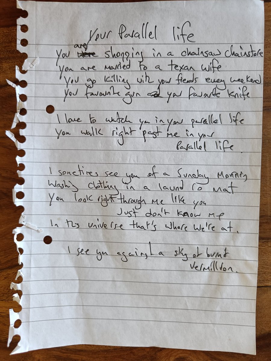 Found my first scribbled lyrics to Your Parallel Life.