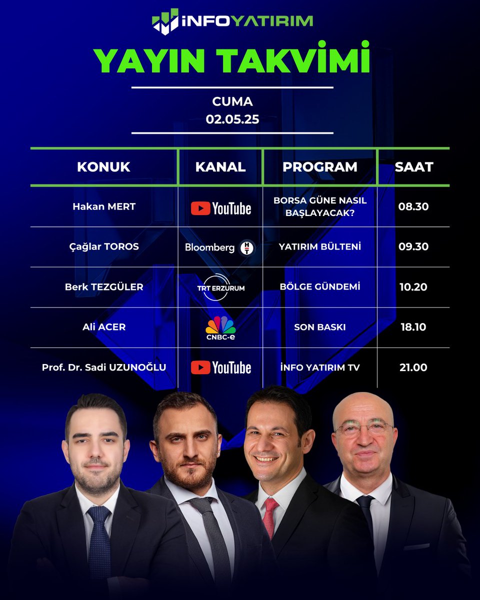İnfo Yatırım Menkul Değerler (@infoyatirim) on Twitter photo Canlı Yayın Takvimi | 2 Mayıs Cuma
<a href="/trader_hkn/">Hakan Mert</a>, <a href="/caglartoros/">Çağlar Toros</a>, Berk Tezgüler, <a href="/fx_trader__/">ALİ ACER - Exitus</a>, <a href="/SadiUzunoglu/">Sadi Uzunoglu</a> Canlı Yayın Takvimi | 2 Mayıs Cuma
<a href="/trader_hkn/">Hakan Mert</a>, <a href="/caglartoros/">Çağlar Toros</a>, Berk Tezgüler, <a href="/fx_trader__/">ALİ ACER - Exitus</a>, <a href="/SadiUzunoglu/">Sadi Uzunoglu</a>