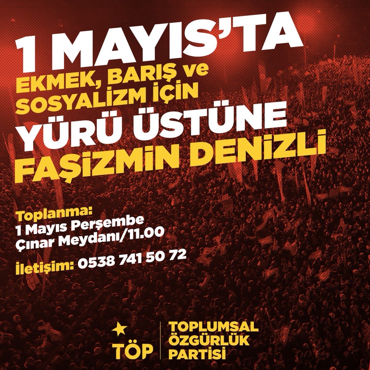 📍Denizli 
Emeğin, özgürlüğün, barışın sesini yükseltmek için faşizmin üstüne yürüyor ve 1 Mayıs alanlarında buluşuyoruz.