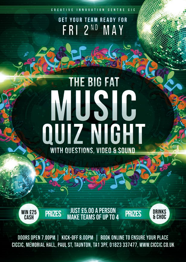 CICCIC (@ciccictaunton) on Twitter photo Big Fat Music Quiz and only £5 a person (teams of up to 4), Fri 2nd May, with great prizes, great venue, great bar, and everyone wins because all have a fun night out at CICCIC, Taunton. Tickets now at: creativeinnovationcentre.co.uk/club-community… Big Fat Music Quiz and only £5 a person (teams of up to 4), Fri 2nd May, with great prizes, great venue, great bar, and everyone wins because all have a fun night out at CICCIC, Taunton. Tickets now at: creativeinnovationcentre.co.uk/club-community…