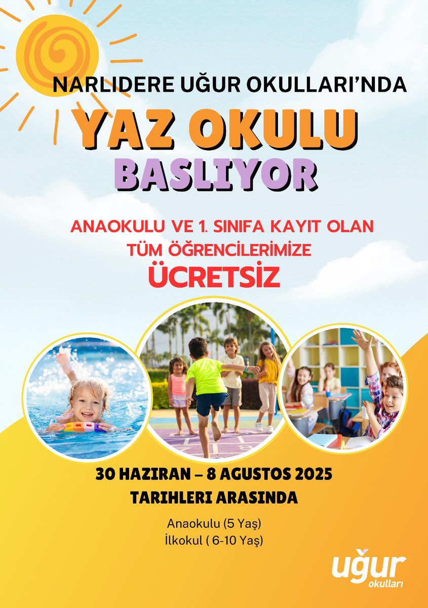 🎉 YAZ OKULU KAYITLARIMIZ BAŞLIYOR! 🎉

Uğur Okulları’nda dopdolu bir yaz sizleri bekliyor!
🌞 5–10 yaş arası çocuklar için yüzmeden müziğe, mutfak sanatlarından kodlamaya kadar onlarca etkinlik bu yaz okulunda buluşuyor.

📅 Yaz Okulu Tarihleri: 30 Haziran – 8 Ağustos
📍 2