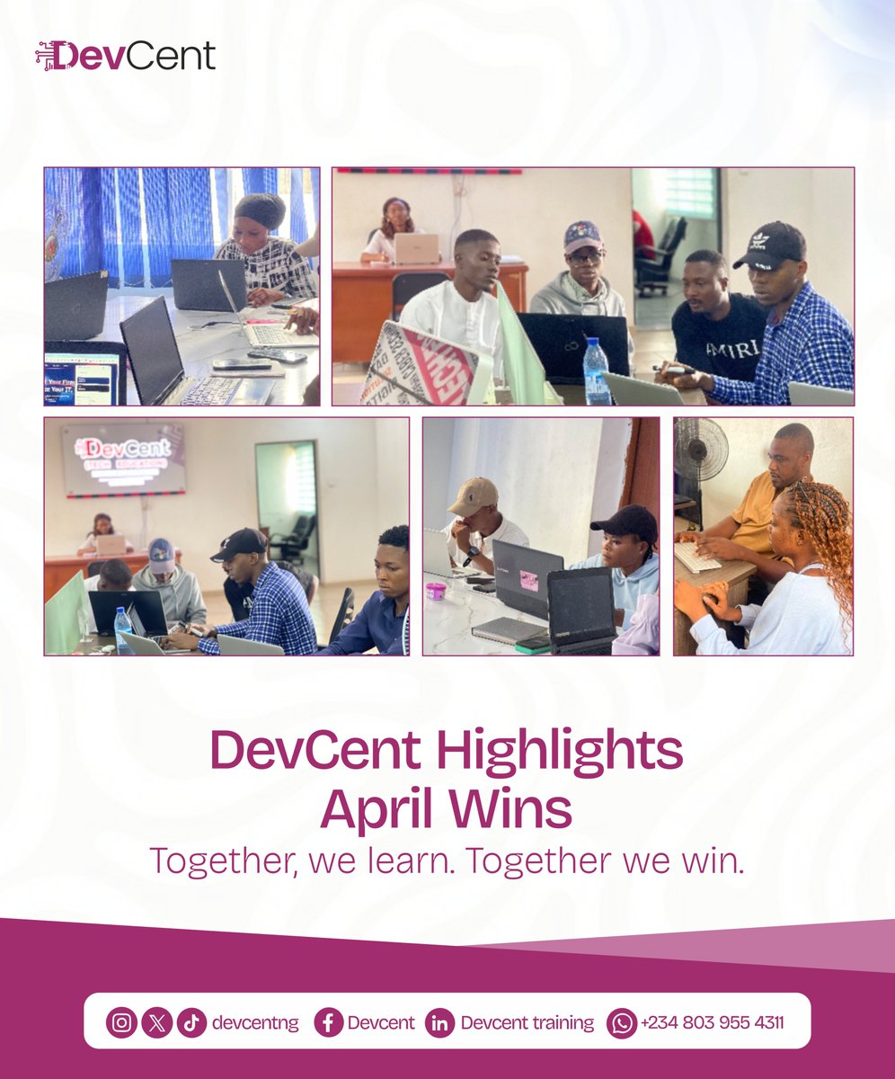 DevcentNg's tweet image. April at Devcent was full of wins! 
From team coding to hands-on learning—our community keeps growing stronger.
Ready to join the next cohort? Let’s build your tech future together. 
#Devcent #TechWins #AprilHighlights #CodingNigeria #TechInAfrica #LearnToCode #DeveloperJourney