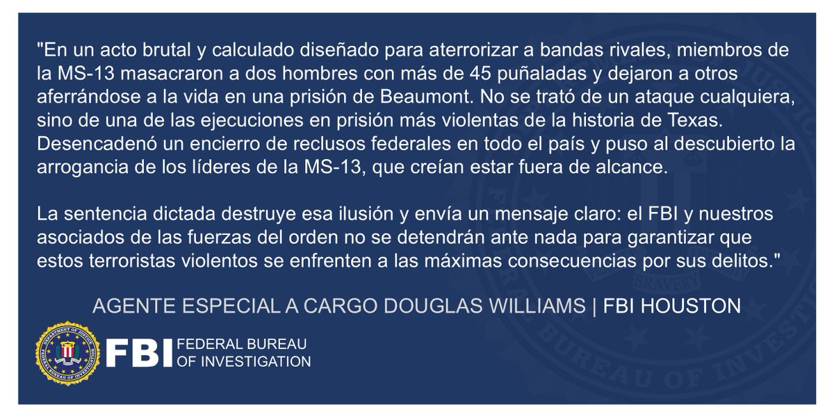 miFBIHouston's tweet image. Hector Ramires, un líder de la MS-13 que ejecutó a dos socios de una banda rival dentro de una prisión de Beaumont en 2022, es condenado a 30 años. El ataque atroz y descarado provocó un encierro de reclusos federales durante una semana en todo el país: justice.gov/usao-edtx/pr/m…