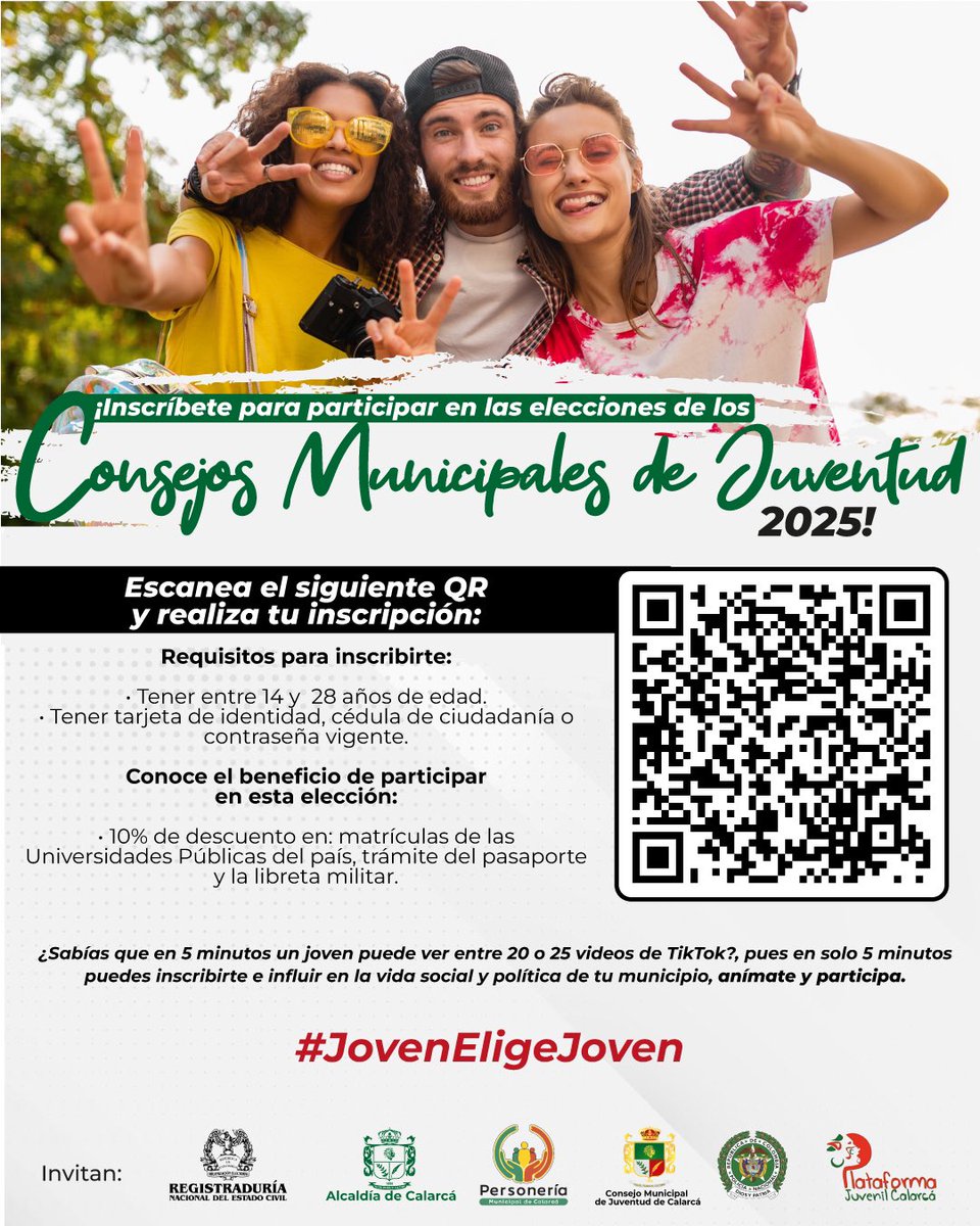 ¿Quieres ser parte del cambio en tu municipio?

Participa en las elecciones de los Consejos Municipales de Juventud 2025 y representa las ideas, sueños y necesidades de tu generación.

Escanea el QR y haz parte de quienes deciden el presente y futuro de Calarcá.

#JovenEligeJoven