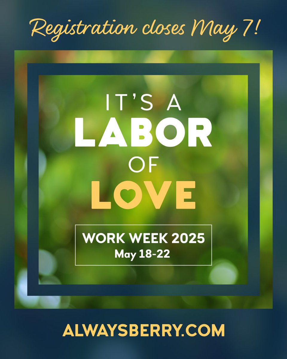 Reconnect and make an impact at Berry's Alumni Work Week!   

Since 1985, alumni and friends have gathered for service and community activities—a true LABOR of LOVE. You can join for a day or the whole week—everyone's welcome! 
 
Sign up at alwaysberry.com/workweek.