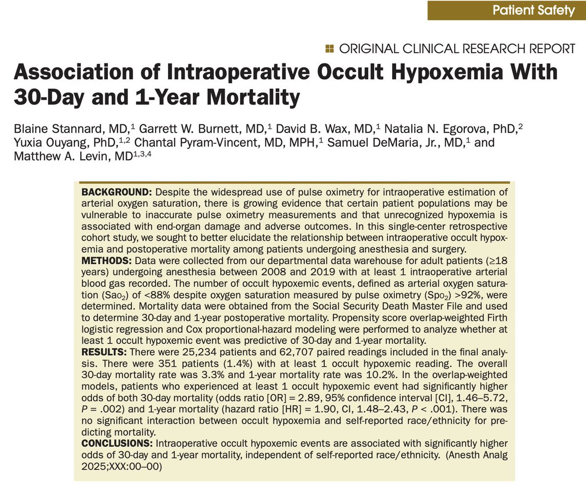 Dhanesh D. Binda, MD (@dhaneshbinda) on Twitter photo Our new Editorial in <a href="/IARS_Journals/">Anesthesia&Analgesia</a> explores Stannard et al.’s study of 25,000+ cases linking intraoperative occult hypoxemia to increased 30-day and 1-year mortality—highlighting racial and technological disparities in perioperative care.
journals.lww.com/anesthesia-ana… Our new Editorial in <a href="/IARS_Journals/">Anesthesia&Analgesia</a> explores Stannard et al.’s study of 25,000+ cases linking intraoperative occult hypoxemia to increased 30-day and 1-year mortality—highlighting racial and technological disparities in perioperative care.
journals.lww.com/anesthesia-ana…