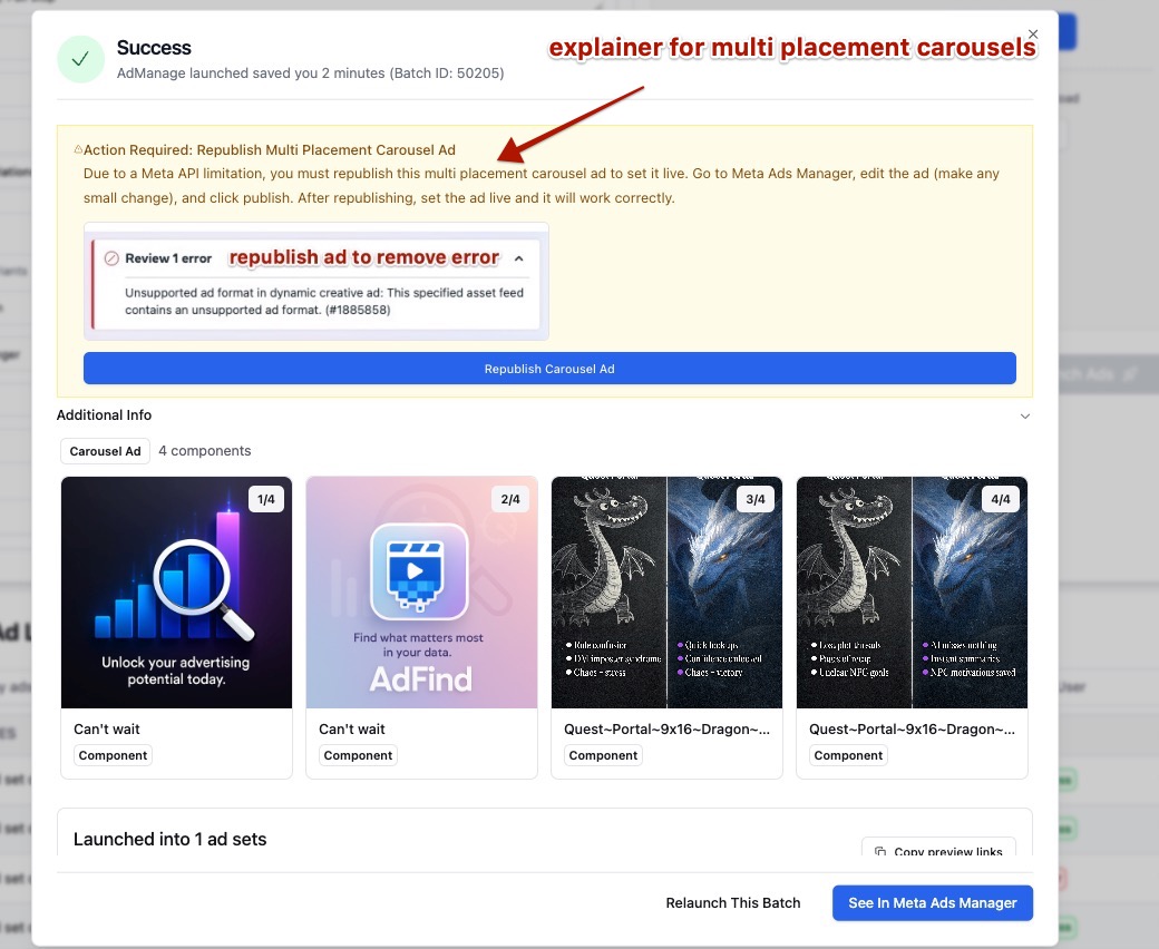 Meta API's for multi carousel placements ad is so broken. 

Now have to tell users to go in and republish the ad.... (which surprisingly fixed it)

If anyone has solved this please let me know🙏