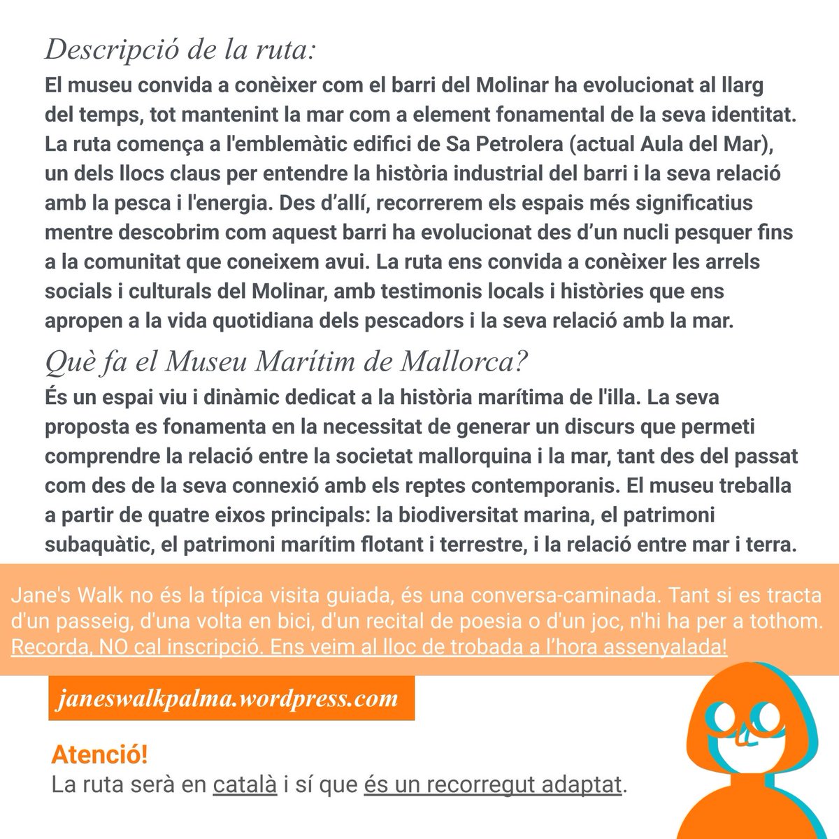 📢Enguany <a href="/janeswalk/">Jane's Walk Global</a> #Palma celebra la 10a edició i nosaltres participarem amb una ruta carregada d'un passat d'allò més mariner #EsMolinarTelaMarinera 

📅Els dies 9 i 10 de maig a les 11:00 h us esperam a sa Petrolera per iniciar la ruta!