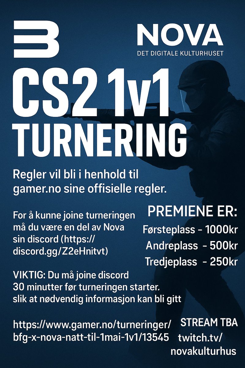 BFG x Nova 1v1 CS2-turnering!

I kveld braker det løs – I samarbeid med NOVA inviterer vi til 1v1-dueller i #CS2 fra kl 19:00 i kveld 👀

💸 Premiepott:
🥇 1000 kr
🥈 500 kr
🥉 250 kr
🔗 Les reglene og meld deg på: gamer.no/turneringer/bf…

📌 Join Nova Discorden 30 min før start: