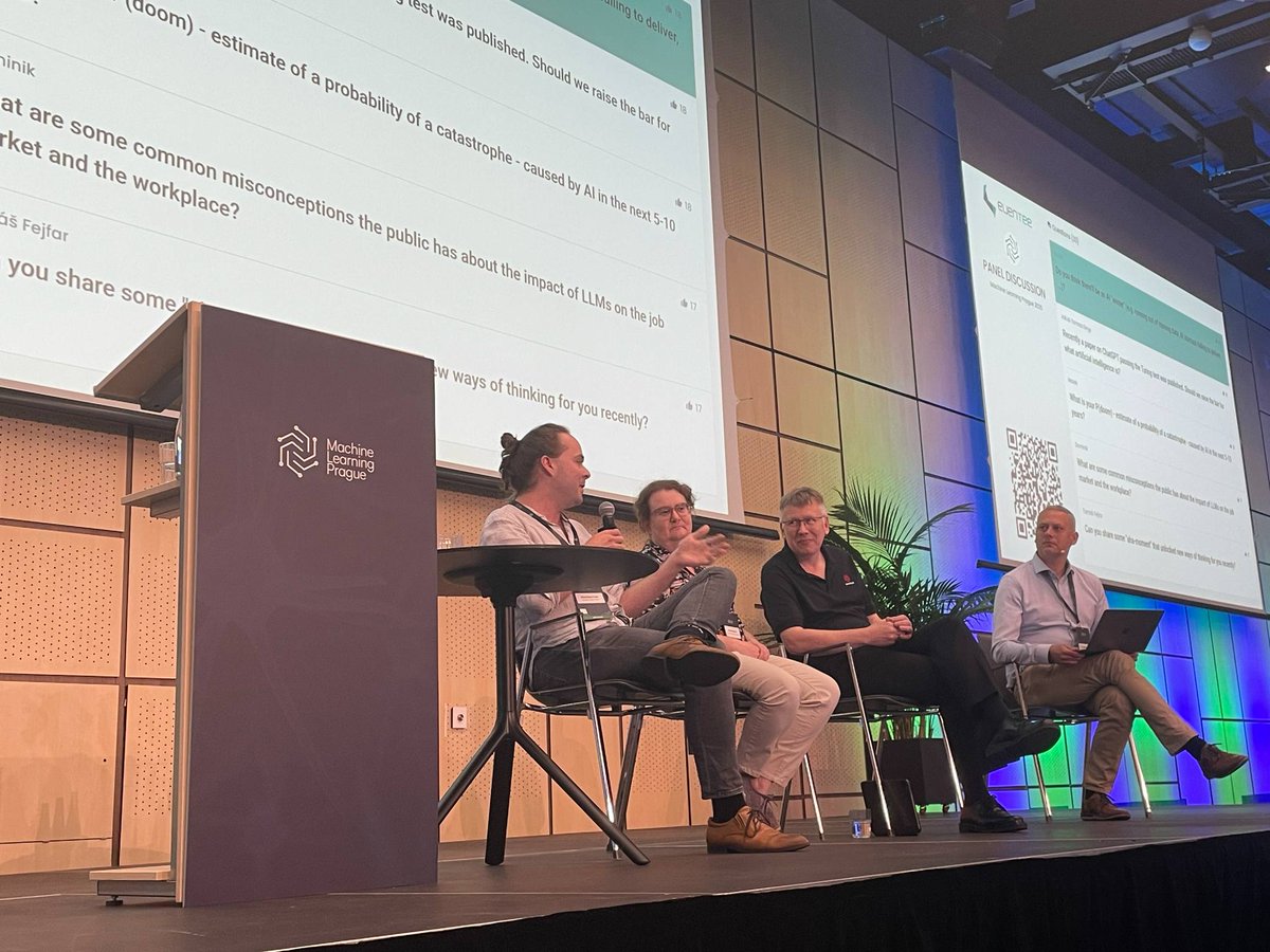 Closing out the first decade of ML Prague conference with a compelling panel discussion featuring:

▪️ Stanislav Fort, Google DeepMind
▪️ Iryna Gurevych, Technical University of Darmstadt
▪️ Jon McLoone, Wolfram Research
▪️ And moderated by Jiří Materna (Scientific program &amp;