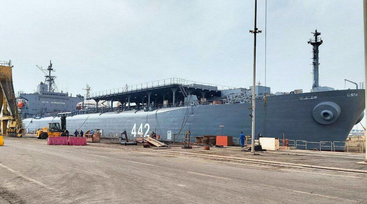 Iranian Navy will soon start sea trials of a new forward base ship named Kurdestan.
This new base (442) like IRIS Makran (441) is a converted crude oil tanker previously named Tabukan (IMO: 8917467).
The conversion by ISOICO includes a helipad likely for helicopter &amp; UAV ops.