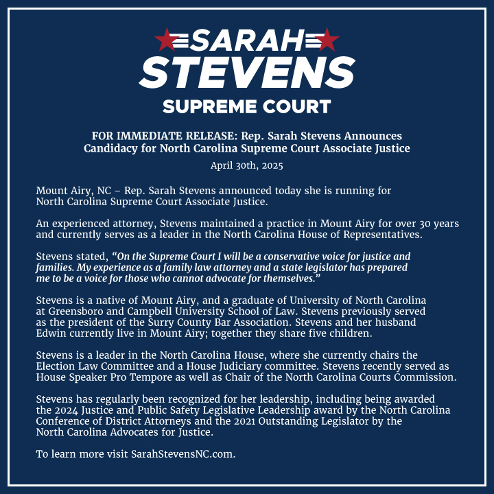 I'm excited to announce my candidacy for North Carolina Supreme Court. 

I will be a conservative voice for justice and families on the Supreme Court. My experience as a family law attorney and a state legislator has prepared me to be a voice for those who cannot advocate for