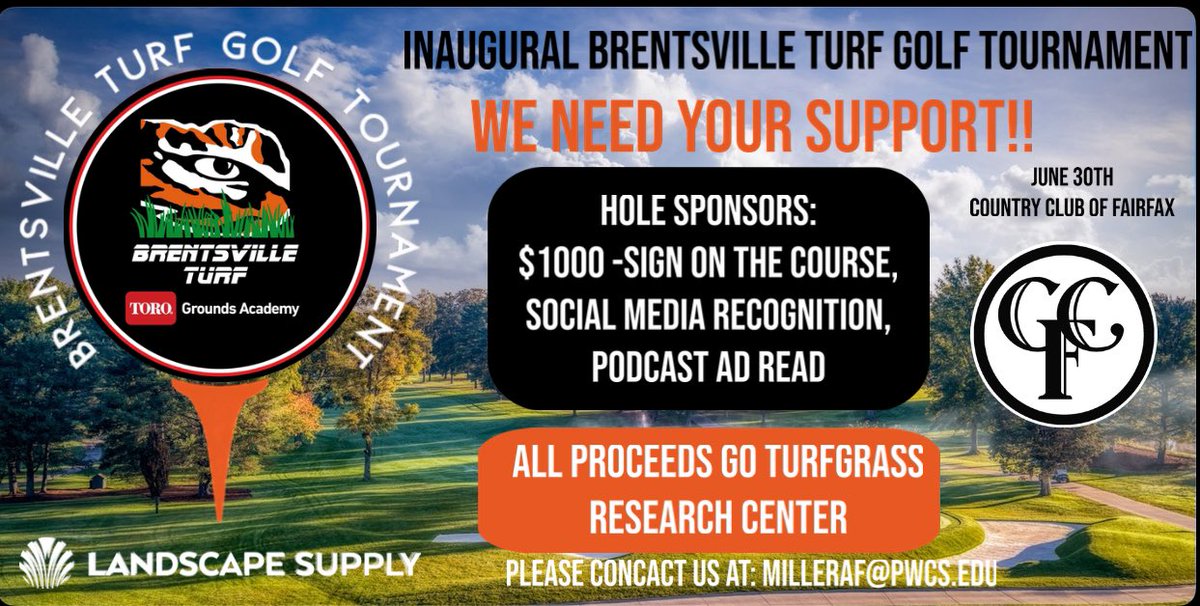 Brentsville Turf Toro Grounds Academy (@turfgrasstiger) on Twitter photo We are excited to announce our first Brentsville Turf <a href="/ToroGrounds/">Toro Grounds</a> Academy Golf Tournament presented by <a href="/LandscapeTurf/">Landscape Supply Inc</a>! We will be hosting this fundraiser event at the Country Club of Fairfax on June 30th. Start time of 11:30am. The cost is $165 a Golfer or $650 a foursome! We We are excited to announce our first Brentsville Turf <a href="/ToroGrounds/">Toro Grounds</a> Academy Golf Tournament presented by <a href="/LandscapeTurf/">Landscape Supply Inc</a>! We will be hosting this fundraiser event at the Country Club of Fairfax on June 30th. Start time of 11:30am. The cost is $165 a Golfer or $650 a foursome! We