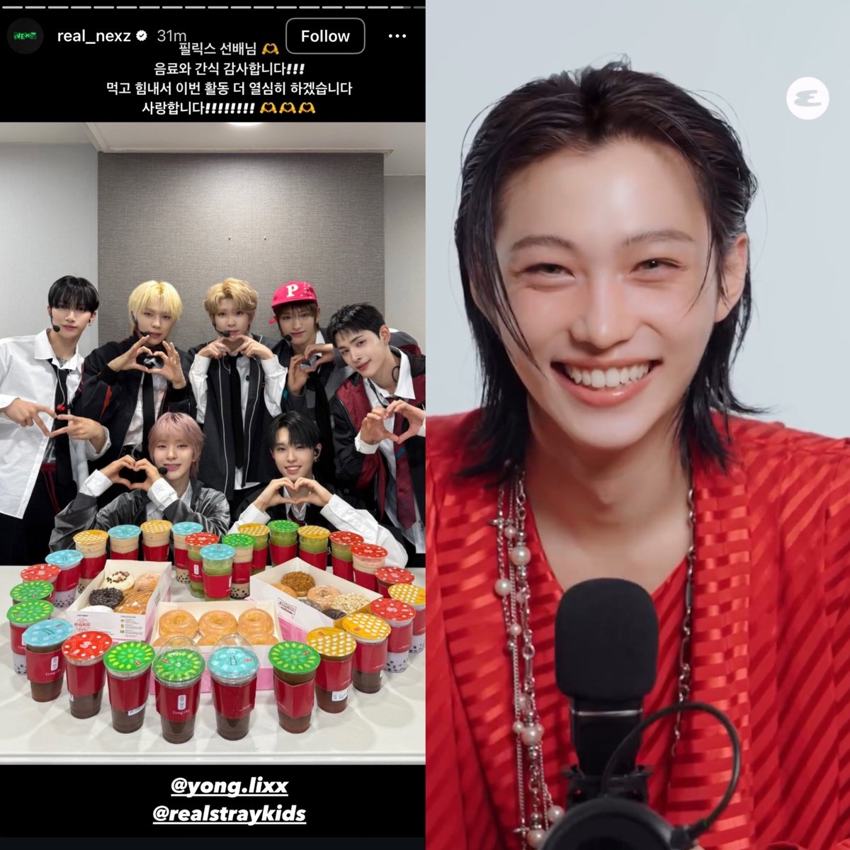 FELIXCharts's tweet photo. 📸 #FELIX sent Gong Cha &amp; desserts to NEXZ members &amp; staff for their comeback &amp; they thanked him on IG Stories:

👥 Felix sunbaenim🫶
Thank you for the drinks and snacks!!!
We’ll enjoy them &amp; work even harder for our promotions.
We love you!!!🫶🫶🫶
🔊 Felix sunbaenim thank you!! https://t.co/95jYaIDTML