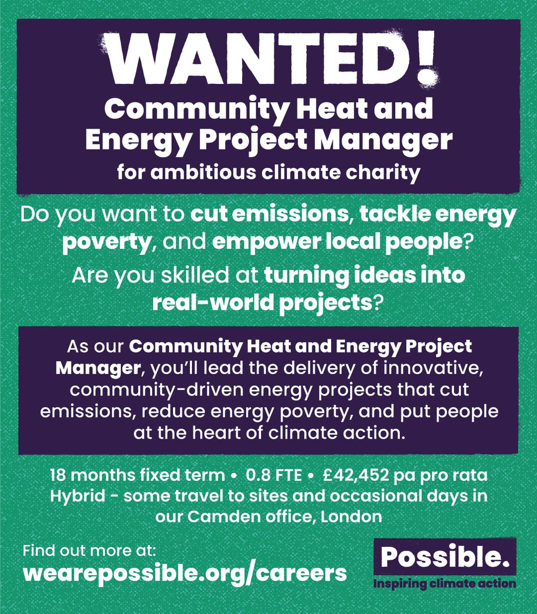 We're hiring a Community Heat and Energy Project Manager to help lead impactful clean energy projects.

If you're committed to creating sustainable energy solutions and empowering communities, we'd love to hear from you.

Apply here 👉 wearepossible.org/community-heat…