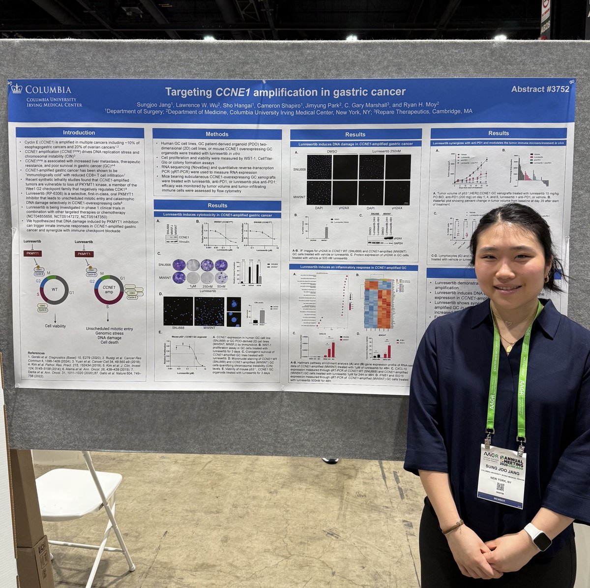 RyanMoyMDPhD's tweet image. Sungjoo Jang presenting our work on PKMYT1 inhibition in CCNE1-amplified gastric cancer. Thankful for grant funding from AACR and Debbie’s Dream Foundation to support this work! @StomachCancer_