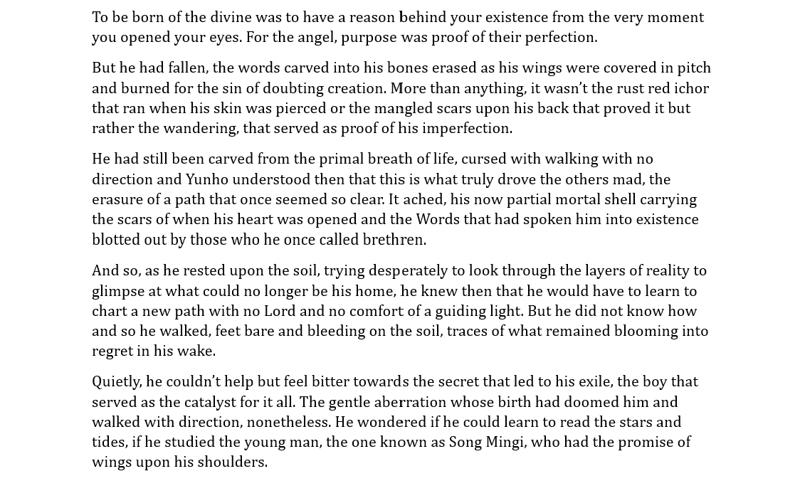 eternalhwcshine's tweet photo. Happy WIP Wednesday! As promised by the poll results, this week's snippet is of the angel/nephilim AU!
Yvyv's going through it, it's gonna be a while until he meets mng! and unbeknownst to him, the consequences were not one sided https://t.co/v5w5XJOAZj