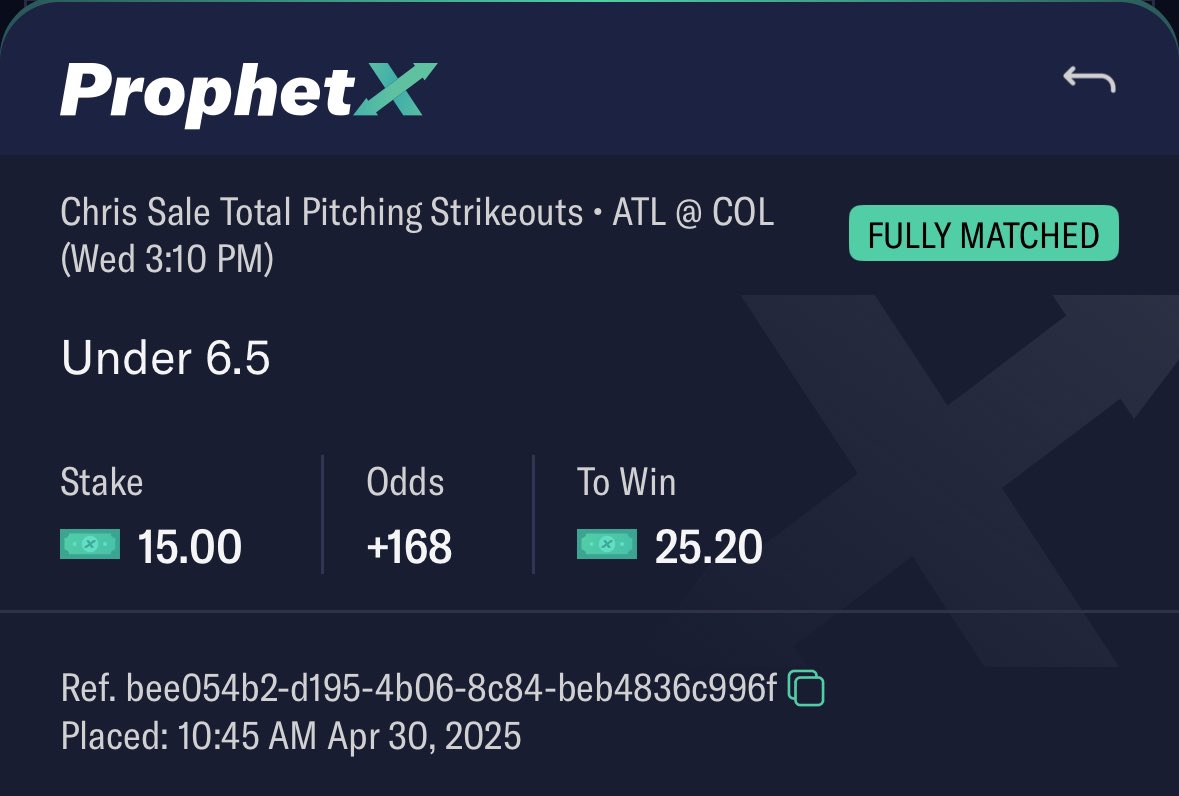 deansharpev's tweet image. EV Play Locked
Chris Sale Under 6.5 Ks (+168) — ProphetX

Model edge: 5.6% 

Best line on the board. Beating market close (+161).

Let’s keep stacking edges.

#EVBetting #MLBProps #ValueHunting #SportsBetting