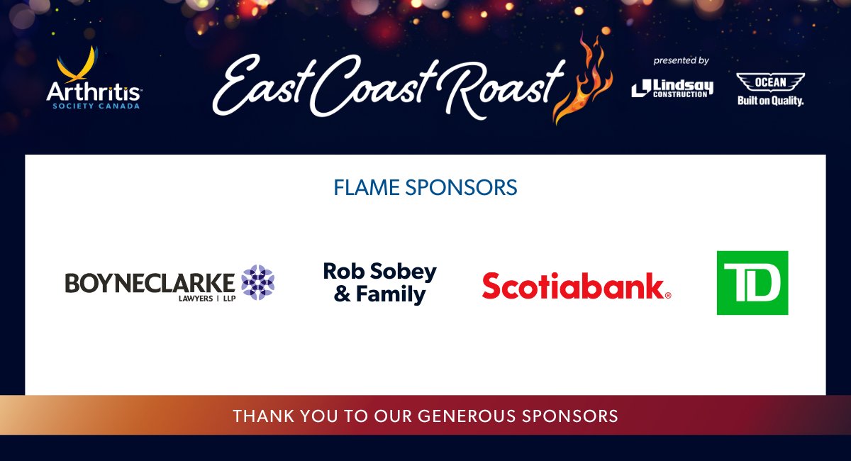Arthritis Society Canada (@arthritissoc) on Twitter photo Thank you so much to our Flame sponsors, <a href="/scotiabank/">Scotiabank</a>, <a href="/TD_Canada/">TD (Canada)</a>, <a href="/BOYNECLARKE/">BOYNECLARKE LLP</a>, and Rob Sobey & Family, for supporting the East Coast Roast. Together, we raised funds for arthritis research and programs like Camp JoinTogether. Your generosity makes a lasting impact! Thank you so much to our Flame sponsors, <a href="/scotiabank/">Scotiabank</a>, <a href="/TD_Canada/">TD (Canada)</a>, <a href="/BOYNECLARKE/">BOYNECLARKE LLP</a>, and Rob Sobey & Family, for supporting the East Coast Roast. Together, we raised funds for arthritis research and programs like Camp JoinTogether. Your generosity makes a lasting impact!