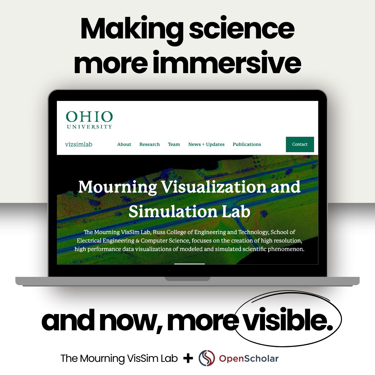 TheOpenScholar's tweet image. The VisSim Lab at @ohiou  is exploring the future of communication through XR, simulation &amp;amp; visualization.

Now their research has a site to match—built with @TheOpenScholar.

👉 research.ohio.edu/vizsim-lab/

#AcademicTwitter #LabWebsite #NoCode #SciComm