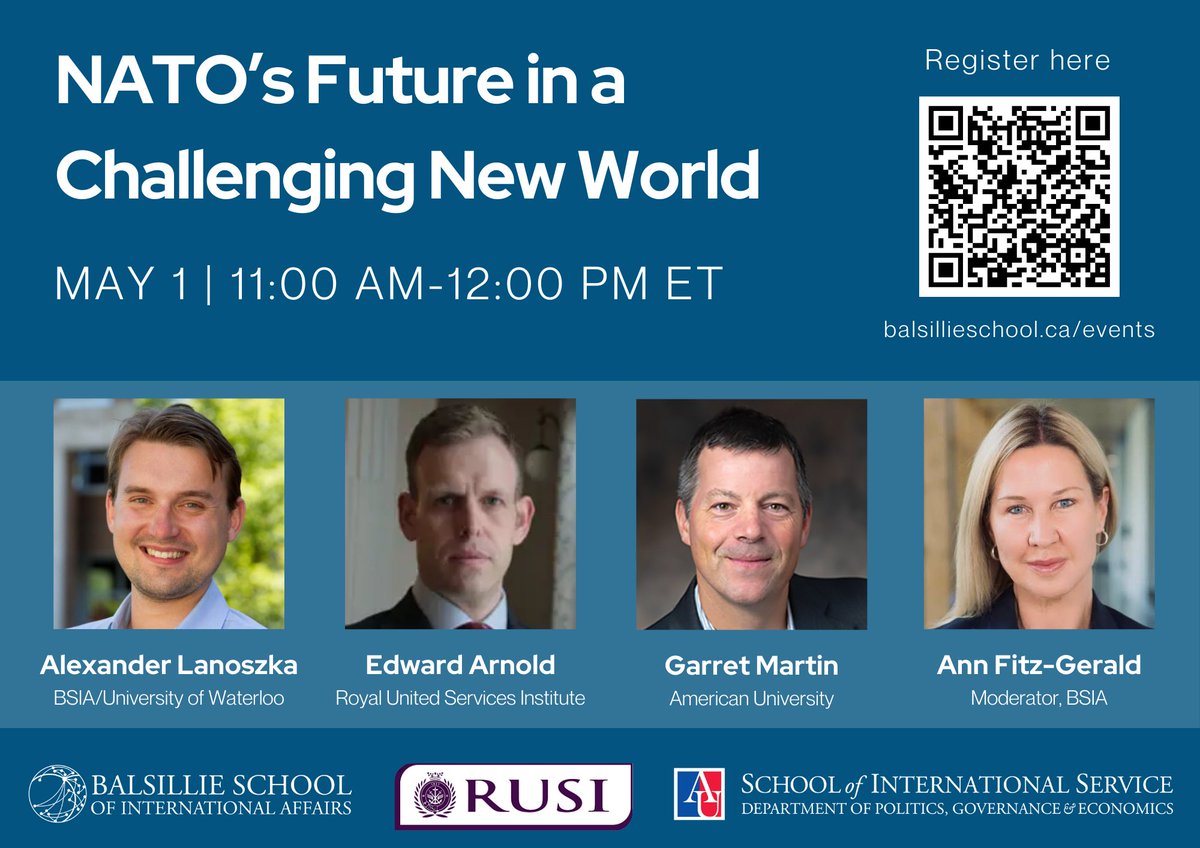 Transatlantic Policy Center 🇺🇦 (@au_europecenter) on Twitter photo Don't miss the panel on May 1 on "NATO's Future in a Challenging World", featuring Co-Director Garret Martin, @EdArnold_RUSI, <a href="/ALanoszka/">Alexander Lanoszka</a>, and moderated by <a href="/afitz3105/">Ann Fitz-Gerald</a> !
<a href="/AU_SIS/">AU School of International Service</a>
<a href="/AUResearch/">Research at American University</a>
<a href="/aumedia/">AU Media Relations</a>
<a href="/BalsillieSIA/">Balsillie School of International Affairs</a>
<a href="/RUSI_org/">RUSI</a> Don't miss the panel on May 1 on "NATO's Future in a Challenging World", featuring Co-Director Garret Martin, @EdArnold_RUSI, <a href="/ALanoszka/">Alexander Lanoszka</a>, and moderated by <a href="/afitz3105/">Ann Fitz-Gerald</a> !
<a href="/AU_SIS/">AU School of International Service</a>
<a href="/AUResearch/">Research at American University</a>
<a href="/aumedia/">AU Media Relations</a>
<a href="/BalsillieSIA/">Balsillie School of International Affairs</a>
<a href="/RUSI_org/">RUSI</a>