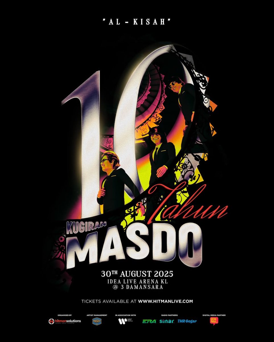 Masdo announces “Konsert 10 Tahun Kugiran Masdo”, coming on 30th August 2025 at Idea Live Arena KL.

Tickets will be on sale on hitmanlive.com from 5th May 2025 (public).