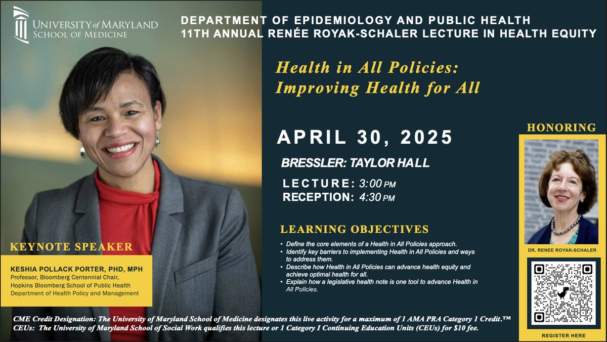 Join us today, April 30, at 3 PM for our Annual Renee Royak-Schaler Lecture in Health Equity. Dr. Keshia Pollack Porter, PhD, MPH, will discuss 'Health in All Policies' and 'Improving Health for All.' Register here:
docs.google.com/forms/d/e/1FAI…