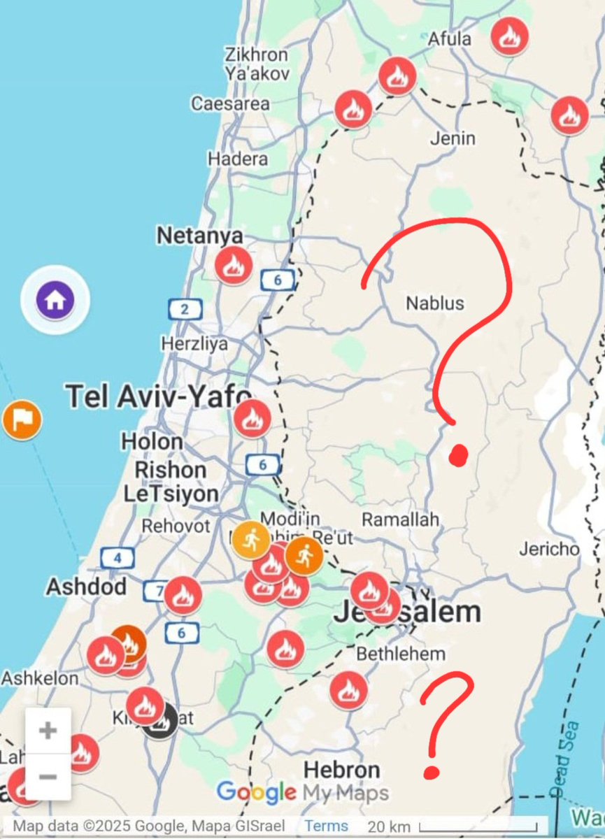 Map of fires 🔥 all over Israel right now, except in Palestinian territories.

Climate change is weird 🙄