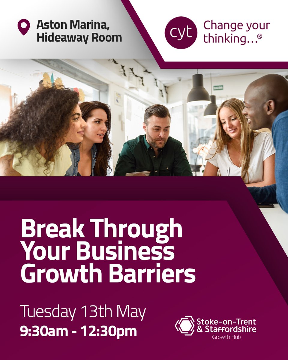 Break through your business growth barriers with expert support from the Stoke-on-Trent &amp; Staffordshire Growth Hub, in partnership with Change your thinking...

Join us on Tuesday 13th May, from 9:30am to 12:30pm, at Aston Marina.

Register your place at: bit.ly/42SCYjV